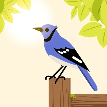 A blue jay perched on a wooden fence post, illuminated by the warm glow of the morning sun. The blue jay has striking blue feathers with black and white accents, and its beak is sharp and pointed. The fence post is weathered, with a rough texture and a few patches of moss. In the background, soft morning light filters through green leaves, creating a tranquil atmosphere. The scene captures the beauty of nature in the early hours of the day.