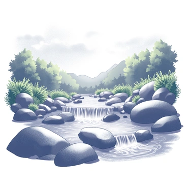 A mountain stream flows freely over smooth stones, glistening with moisture after a rainstorm. Water cascades over the rocks, creating small splashes and ripples. Lush greenery lines the banks, with a variety of plants and foliage thriving in the damp environment. The sky above shows hints of clouds dissipating, allowing the sunlight to shine through. The overall scene captures the freshness and vitality of nature after rainfall.