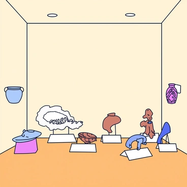 A museum room with pale beige walls. The floor is polished wood, adding warmth to the space. On display are several ancient pottery pieces, each with unique shapes and designs, some featuring intricate patterns. Nearby, there are fossils, including a large dinosaur bone set on a simple stand. Each artifact is illuminated by soft overhead lighting, highlighting their details. Labels are placed next to each item, explaining their historical significance.
