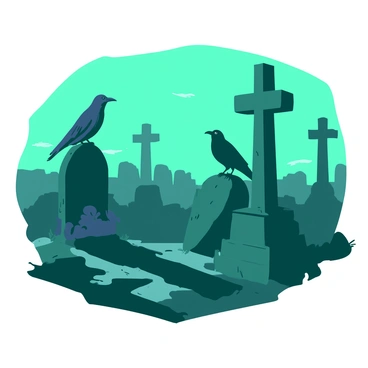 A teal twilight sky sets the backdrop for a spooky cemetery. Crooked tombstones rise from the ground, some partially covered with patches of dark green moss. Among the tombstones, a black raven is perched on one, its glossy feathers reflecting the dim light. Shadows stretch across the ground, creating an eerie atmosphere around the weathered stones. A faint mist swirls through the cemetery, adding to the unsettling mood of the scene.