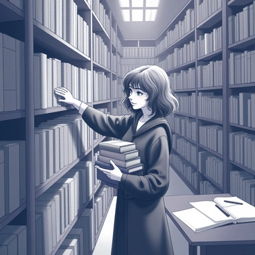 A young witch with frizzy brown hair is standing in a vast library filled with towering shelves of books. The shelves are laden with ancient tomes and scrolls, reaching high towards the ceiling. Hermione Granger is wearing a school uniform, consisting of a black robe and a gray sweater, with a stack of books in her arms. She has an expression of concentration as she searches the nearby shelf, her right hand reaching out to pull a book from the collection. The dimly lit environment adds a sense of mystery, with shadows cast by the tall shelves surrounding her. A wooden table is visible nearby, scattered with parchment and quills.
