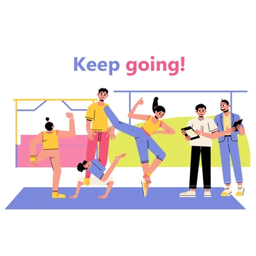 A group of five gymnasts practicing their routines in a gym. One gymnast is performing a handstand on a blue mat, while another is doing a split leap nearby. Two gymnasts are standing together, with one giving a thumbs up and smiling, while the other is stretching their arm. A coach is observing and taking notes on a clipboard, standing beside them. The gym is filled with bright colors, with various apparatuses like balance beams and uneven bars in the background. “Keep going!” is written in bold letters above the group.