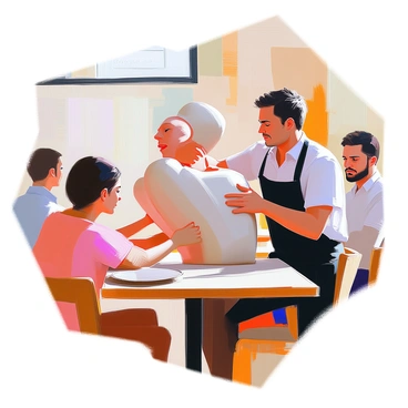 A restaurant employee with light skin and dark hair is demonstrating the Heimlich maneuver on a realistic choking dummy. The employee is wearing a black uniform with an apron and has a focused expression. They are positioned behind the dummy, which is seated at a table. The employee's hands are placed under the dummy's ribcage, illustrating the technique clearly. The restaurant setting includes wooden tables and chairs, with a menu board in the background. There are a few patrons observing the demonstration with concerned looks on their faces.