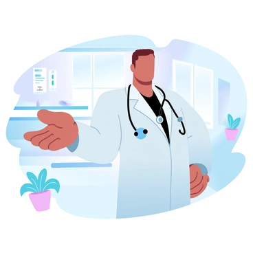 A doctor wearing a white coat is holding a stethoscope in one hand. The doctor has short hair and is standing confidently in a bright clinic room. The room is filled with medical equipment such as an examination table, charts on the wall, and a window letting in natural light. There are potted plants placed around to add a touch of greenery. The stethoscope hangs prominently from the doctor's hand, ready for use.