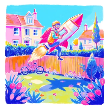 An inventor is soaring through the air with a homemade rocket pack strapped to his back. He is wearing a protective helmet and goggles, with a determined expression on his face. Below him, a suburban backyard is visible, featuring a well-manicured lawn and a wooden fence lining the perimeter. There are colorful flowers blooming along the edges of the yard, and a small tree provides shade. A bicycle leans against the fence, and a few scattered toys add a playful touch to the scene. In the background, quaint houses with neatly trimmed hedges can be seen under a clear blue sky.