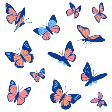 A seamless pattern displaying multiple papillon butterflies in a dynamic arrangement. Each butterfly has intricate wing patterns, showcasing a mix of orange and blue hues. The butterflies are positioned at various angles, with some resting and others appearing to flutter. The background is a soft white, enhancing the colorful details of the butterflies, while maintaining a harmonious layout that creates a flowing visual rhythm. The overall composition captures the grace and beauty of these butterflies in flight.