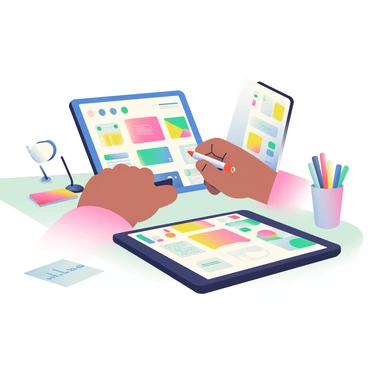 A designer is focusing on sketching app interfaces on a tablet. The tablet is displaying various colorful interface designs and tools. Next to the tablet, there is a sleek smartphone showing the same app with a different interface layout. The designer's hands are positioned on the tablet, holding a stylus. The workspace features a light wooden table with scattered notes and a cup filled with colored markers. A small desk lamp provides soft illumination, enhancing the creative atmosphere.