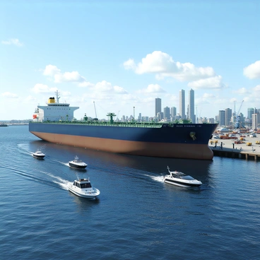 A large tanker ship with a dark blue hull is transporting crude oil across a bustling harbor. The ship has multiple cargo tanks visible along its sides, and it features a prominent deck with various equipment for loading and unloading. In the background, several smaller boats and yachts are navigating the water, while dockworkers in safety vests are busy on the docks. The harbor is surrounded by tall buildings and cranes, with a clear blue sky overhead, scattered with a few white clouds.