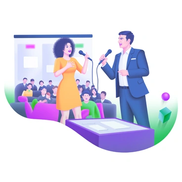 A modern pastel illustration depicting two individuals standing on a stage. One person is a woman with curly hair, wearing a bright yellow dress, holding a microphone while animatedly expressing her point. The other person is a man with short hair, dressed in a blue suit, also holding a microphone and gesturing passionately. In the background, a captivated audience can be seen, with some individuals showing expressions of interest and curiosity. The stage has a simple backdrop with colorful lights enhancing the vibrant atmosphere of the debate.