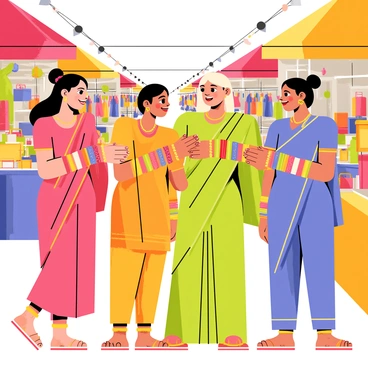 A vibrant marketplace filled with various stalls and colorful goods. A group of women stands together, each showcasing an array of "colorful bangles" on their wrists. The bangles feature intricate designs and come in hues of red, blue, green, and gold, reflecting the sunlight. The women are smiling and engaging with each other, dressed in traditional attire such as bright sarees and flowing dresses. Surrounding them are lively market scenes, with shoppers browsing different items and vendors calling out to attract customers.