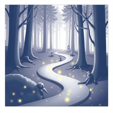 A winding trail meanders through a dense forest filled with towering trees. The ground is covered in a thick layer of leaves and moss, creating a soft carpet underfoot. Small glowing lights, resembling fireflies, sparkle intermittently throughout the scene, illuminating the path ahead. In the shadows of the trees, various mythical creatures such as fairies and small woodland beings are partially visible, peeking curiously at the trail. The atmosphere is filled with a sense of mystery and wonder, as the forest teems with life and magic.