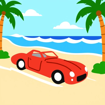 A sleek red race car speeding along a sandy beachside track. The car has a shiny exterior that glistens in the sunlight. Tall green palm trees line the sides of the track, their leaves rustling in the breeze. In the background, vibrant blue ocean waves crash against the shore, creating white foamy surf. The sky is clear with a few fluffy clouds scattered above, enhancing the bright atmosphere of the scene.