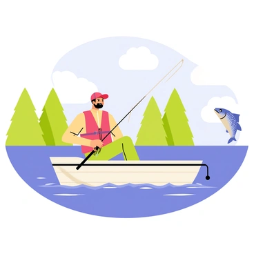 An angler in a small boat is holding a fishing rod, looking excited. The boat is floating on calm blue water, with ripples created by the fish. A walleye is leaping out of the water, its scales glistening in the sunlight. The scene includes green trees lining the shore in the background, and fluffy white clouds dotting the blue sky. The angler is wearing a bright red life jacket and a baseball cap.