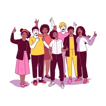 A diverse group of people stands together outdoors, all of them smiling and giving a "thumbs up." The group features individuals of various ethnicities and ages, with some wearing bright clothing in distinct patterns. They are positioned in a semi-circle, with their hands raised prominently to display the "thumbs up" gesture. The sunlight casts soft shadows on the ground, highlighting their enthusiastic expressions and creating a warm atmosphere.