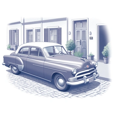 A classic vintage car is parked on a cobblestone street. The car features rounded edges and chrome details, exuding an air of nostalgia. Surrounding the vehicle, quaint townhouses with charming architecture line the street, each showcasing small balconies and decorative window shutters. The cobblestones beneath the car are uneven, with a mix of larger stones and smaller pebbles creating an intricate pattern. Potted plants with green foliage are placed near the entrances of the townhouses, adding to the overall charm of the scene. "Classic blue vintage car" is visible on the side of the vehicle.