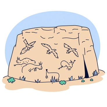 An ancient cliff face with petroglyphs of thunderbirds and other animals