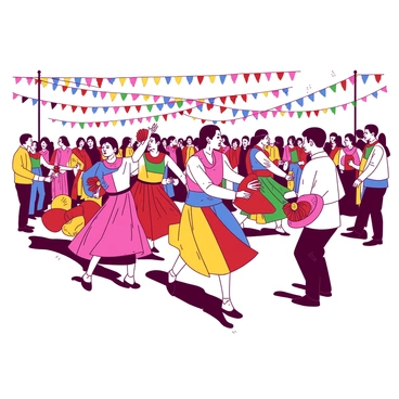 A vibrant scene of people dressed in colorful traditional attire, actively participating in a cultural festival. In the foreground, several individuals are performing a lively dance with intricate footwork, their outfits adorned with bright patterns and embellishments. Some participants are holding decorative props such as fans and drums, contributing to the festive atmosphere. In the background, strings of colorful banners flutter above the crowd, creating an inviting ambiance. The expressions on their faces reflect joy and enthusiasm as they engage with one another, surrounded by a diverse audience enjoying the celebration.