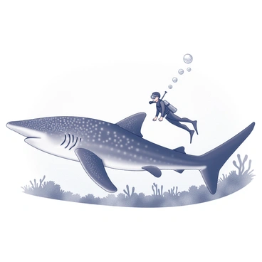 A large whale shark is swimming gracefully underwater. The whale shark is depicted with its distinct wide mouth and spotted skin pattern. Next to the shark, a human diver is positioned, wearing a wetsuit and fins. The diver is hovering in the water with arms extended, showcasing their smaller size in comparison to the enormous whale shark. Bubbles rise around the diver, adding a sense of movement to the scene. The underwater environment includes elements such as coral and fish, enhancing the natural habitat where both the whale shark and diver coexist.
