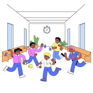 A group of children is playing in a church hallway. The hallway features simple white walls and wooden floors that reflect light. The children are engaged in various activities, some are running, while others are sitting on the floor. They are playing with colorful toys, like building blocks and a small ball. A large clock on the wall shows the time approaching the lesson. In the background, there are wooden benches and a few potted plants that add a touch of greenery to the scene.