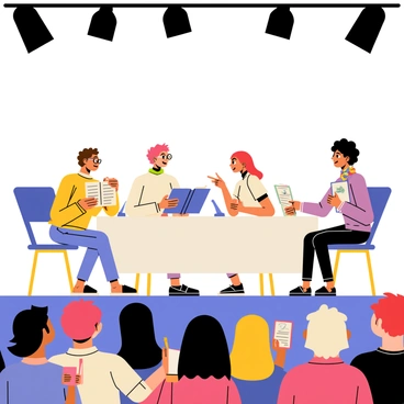 A stage setup with three illustrators seated at a table, each holding a sketchbook and speaking animatedly. The first illustrator has brown hair and is wearing glasses, gesturing vividly. The second illustrator has bright red hair tied back and is leaning forward, engaged in conversation. The third illustrator has curly black hair, wearing a colorful scarf, and is smiling. In front of the stage, an audience of diverse individuals is attentively watching, with some taking notes and others holding up sketchpads. Bright stage lights illuminate the illustrators, creating a vibrant atmosphere.