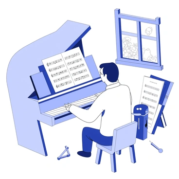 A composer is sitting at a grand piano, deeply focused on writing a symphony. The sheet music in front of him features precise musical notes on a staff, arranged in complex patterns. He has a pencil in hand, poised above the paper, ready to add more notes. The room is filled with music sheets scattered across a polished wooden table. A metronome sits nearby, ticking steadily, while a stack of orchestration books leans against the wall. A window reveals a glimpse of a garden outside, providing natural light to the scene.