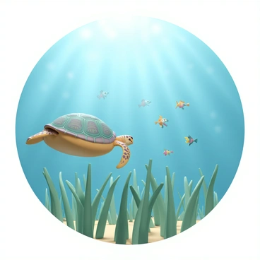 A vibrant underwater scene featuring a lush seagrass meadow, with long green blades swaying gently in the water. In the foreground, a large sea turtle glides gracefully above the seagrass, its shell displaying intricate patterns and colors. Surrounding the turtle, several schools of small, colorful fish dart playfully through the water, their shimmering scales catching the light. Sunlight filters down from the surface, illuminating the scene and creating a tranquil atmosphere.