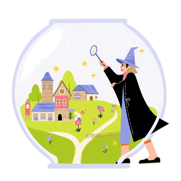 A witch with a pointed hat and a flowing black cloak is exploring a miniature world inside a glass terrarium. The terrarium features lush green moss and tiny colorful flowers scattered throughout. There are small, intricately designed houses made of wood and stone, along with tiny pathways winding through the landscape. The witch is holding a magnifying glass, examining the details of the miniature buildings. Soft, glowing lights in the form of fireflies are fluttering around her, creating a magical atmosphere. The glass of the terrarium is reflecting the witch's curious expression as she bends closer to observe the tiny inhabitants tending to their small gardens.