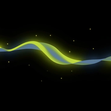 A glowing wave of green and blue radiation is dispersing through a vast dark space. The wave has a smooth, flowing shape that emits light, creating a soft glow against the black background. Tiny particles of light are scattered throughout the dark space, resembling stars. The radiation wave seems to ripple and pulse, with areas of brighter intensity contrasting against the darkness.