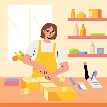 An artisan with medium-length brown hair is working at a wooden table in a well-lit workshop. The artisan is wearing an apron and is focused on cutting a block of yellow soap into bars. The soap has a slight sheen and is adorned with slices of fresh citron. Various soap-making tools, including a scale and a knife, are neatly arranged on the table. Shelves in the background are filled with jars of essential oils and natural ingredients. Bright sunlight streams through a window, casting warm light across the scene.