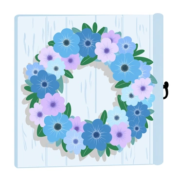 A decorative wreath made entirely of "cornflowers" is hanging on a "rustic wooden door." The cornflowers are vibrant, showcasing deep blues and rich purples, creating a striking contrast against the natural wood tones of the door. The door features a textured surface with visible grain and knots, enhancing the rustic charm. Surrounding the wreath, the door has a simple iron handle, and the light filtering through creates a soft, warm ambiance around the composition.