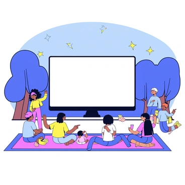 A large outdoor screen displaying a movie is set up in a park. In front of the screen, there are families and friends sitting on colorful picnic blankets. Some individuals are sitting cross-legged, while others are leaning back against cushions. The scene is illuminated by soft, warm lights surrounding the area. Trees are visible in the background, and a few stars are twinkling in the evening sky. People are holding bags of popcorn and drinks, enjoying the movie together. A small child is pointing at the screen with excitement.