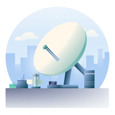 A large, white satellite dish is mounted on a gray rooftop. The dish is angled upwards, as it actively receives signals from space. Surrounding the dish, there are several small antennas and electrical equipment, adding to the technology scene. In the background, a clear blue sky stretches, dotted with a few wispy clouds. The city skyline is visible beyond the rooftop, with tall buildings casting shadows across the scene.