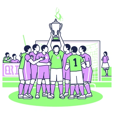 A group of soccer players is gathered on the field, celebrating their victory after winning a tournament. They are wearing matching uniforms, each with a unique number on the back. In the center, one player is holding a large trophy high above their head, showcasing the shiny surface and intricate details. Surrounding the trophy, the teammates are smiling, some with their arms around each other, while others are clapping and cheering. In the background, a goal post is visible, and a few spectators can be seen in the stands, creating a lively atmosphere. The grass beneath their feet is well-maintained, adding to the vibrancy of the scene.