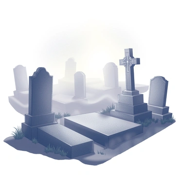 A graveyard scene shrouded in thick, swirling fog during early morning hours. The headstones are partially obscured by the mist, creating an eerie atmosphere. Some headstones are tall and ornate, featuring intricate carvings and inscriptions, while others are shorter and simpler. The ground is uneven with patches of grass that peek through the fog. Shadows loom as the soft light of dawn begins to filter through the fog, casting a diffuse glow on the gravestones.