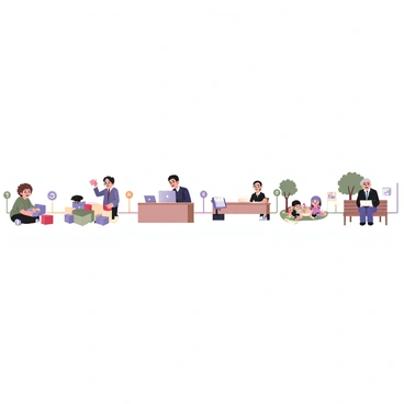 A digital flat illustration featuring an illustrated timeline depicting a person's life from childhood to old age. On the left side, a small child with curly brown hair is playing with building blocks. Next to them, a teenage version of the same person is shown smiling, holding a diploma in one hand while wearing a graduation cap. Further along the timeline, a young adult is depicted in business attire, working on a laptop at a desk. A family scene follows, showing the person with two children in a park, enjoying a picnic under a tree. Towards the right side, an older version of the person with gray hair is sitting on a bench, reading a book with a content smile. Each milestone in the timeline is connected by a colorful line, with small icons representing significant events like a birthday cake, a graduation cap, a briefcase, a family tree, and a book. The background is simple to emphasize the timeline and its milestones.