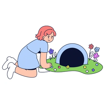 A girl wearing a light blue dress with short sleeves is kneeling beside a rabbit hole. Her hair is styled in loose waves, and she has a look of curiosity on her face as she peers into the dark entrance of the hole. Surrounding the hole is a patch of green grass dotted with colorful flowers. The scene captures a sense of anticipation for an adventure.