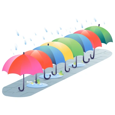 An orderly queue of colorful umbrellas is displayed from a bird's-eye perspective on a rainy day. Each umbrella features different vibrant colors, including bright red, deep blue, sunny yellow, and rich green. The umbrellas are neatly lined up along a cobblestone path, with the rain creating small puddles around their bases. Raindrops are visibly hitting the fabric of the umbrellas and splashing onto the ground, while a few scattered leaves are caught in the water. The scene captures a sense of organization amidst the dreary weather.