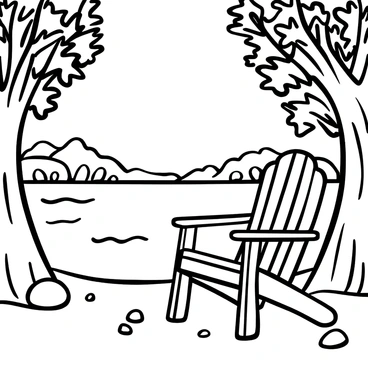 A cozy Adirondack chair by a tranquil lake surrounded by lush trees.