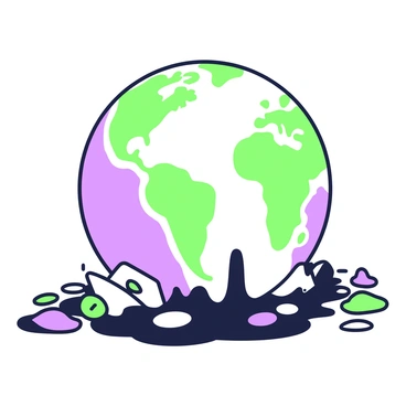 A globe is positioned at the center of the image, showing continents and oceans. The globe is dripping with a dark substance that resembles oil, cascading down its sides and pooling at the base. The surface of the globe has a glossy texture that reflects light, emphasizing the oily sheen. Surrounding the globe, there are scattered pieces of debris, including small plastic items and organic waste. The scene conveys a sense of environmental concern, with the globe appearing to melt as if it were ice cream.