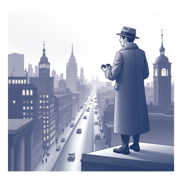 A detective stands on a high rooftop, gazing down at a bustling city below. The detective is wearing a classic trench coat and a fedora, with a thoughtful expression on their face. The cityscape includes various buildings with intricate architectural details, illuminated windows, and busy streets filled with cars and people. The sky is transitioning into dusk, with the last rays of light casting long shadows across the scene. The detective holds a pair of binoculars, scanning the streets for any signs of activity.