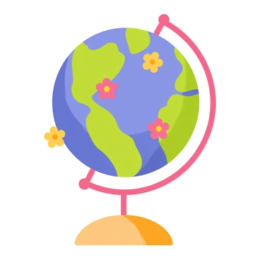 A small Earth globe featuring vibrant blue oceans and green continents. The globe has colorful flowers blooming all over its surface, with pink, yellow, and purple petals creating a lively pattern. The flowers are positioned in various spots, symbolizing different regions of the Earth. The globe is placed on a simple, round wooden base, enhancing the overall presentation.