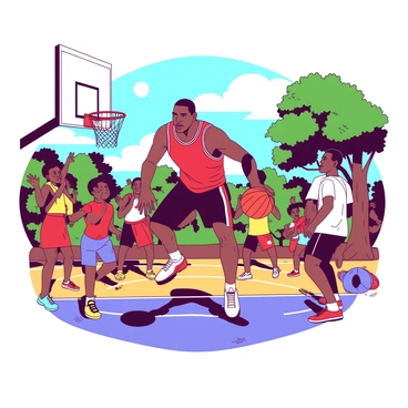 Michael Jordan is dribbling a basketball on a vibrant street court surrounded by a group of local kids. He is wearing a red basketball jersey and black shorts, showcasing his signature athleticism. The kids, dressed in colorful casual clothing, are eagerly watching him as he performs a layup. One child is attempting to block him, while others are cheering and clapping excitedly. The sun is shining brightly, creating dynamic shadows on the court, and there are trees in the background providing a natural frame for the scene.