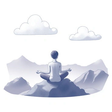 A person sitting cross-legged on a mountaintop, engaged in meditation. The individual is wearing simple clothing and has a relaxed posture. Surrounding them are soft, fluffy clouds drifting gently in the open sky. The landscape features rugged mountain terrain, with rocky outcrops and a vast view of the horizon. The scene conveys a sense of tranquility and peace, with the person focused inward amidst the natural beauty.