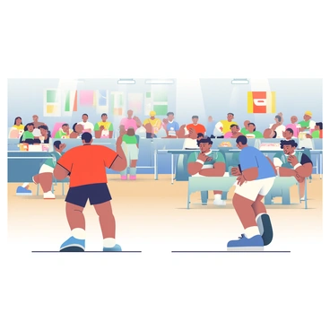 A large indoor venue is filled with spectators watching a table tennis tournament. Several players are actively engaged in matches at multiple tables. One player, wearing a red shirt and black shorts, is in mid-swing, preparing to hit a yellow table tennis ball with a blue paddle. Another player, dressed in a blue jersey and white shorts, is positioned on the opposite side of the table, focused and ready to receive the ball. In the background, groups of spectators are seated on folding chairs, some holding snacks, while others cheer enthusiastically. Colorful banners hang from the walls, adding vibrancy to the scene. The flooring is a polished wood, and overhead lights illuminate the atmosphere.