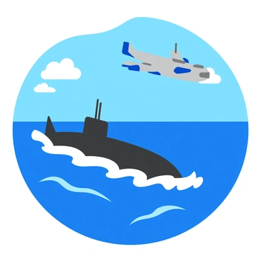 A navy drone with a sleek design featuring blue and gray colors hovers above a submarine that is surfacing in the middle of the ocean. The submarine has a dark hull and a conning tower breaking the surface of the water. Bright sunlight glistens off the ocean waves, creating a shimmering effect. The background shows a vast expanse of deep blue sea meeting a clear blue sky, while a few white fluffy clouds float overhead. The drone is positioned at an angle, capturing the scene as it observes the submarine's emergence from the depths.