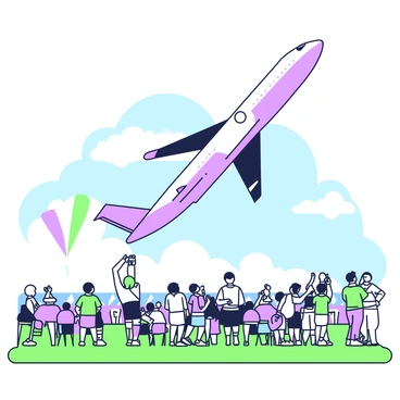 A Boeing 727 is flying in the sky, showcasing an impressive aerial maneuver at an airshow. The aircraft is positioned at a steep angle, with one wing tilted downward, emphasizing the dynamic motion. Below the airplane, a crowd of spectators is gathered, looking up in awe. Some individuals are standing with cameras raised, capturing the moment, while others are seated on folding chairs. Colorful banners are displayed along the airshow grounds, fluttering in the wind. The sky is clear with a few fluffy clouds, providing a perfect backdrop for the performance.