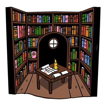 A secret room filled with shelves made of dark wood, lined with ancient, mystical books. The books have ornate covers with gold lettering and intricate designs. Soft, ambient light filters in through a small, round window, casting shadows on the dusty wooden floor. In the center of the room, there is an old, wooden table covered with scrolls and a lit candle. The bookshelf appears slightly ajar, revealing a hidden entrance that leads to this enchanting space. There are cobwebs in the corners, adding to the mysterious atmosphere.