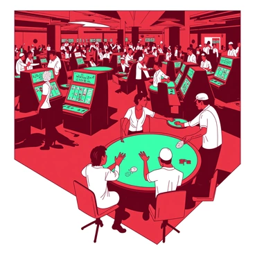 A red casino floor is filled with a crowd of people engaged in various activities. Several individuals are seated at vibrant teal slot machines, intensely focused on the screens as they pull the levers. Nearby, groups of players gather around large green card tables, with some players holding their cards close while others place chips in front of them. The atmosphere is lively with a mix of excitement and anticipation. A few waitstaff in black uniforms move between the tables, carrying trays of drinks. Bright lights overhead illuminate the scene, casting a lively ambiance throughout the casino.