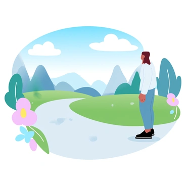 A lush landscape filled with colorful flowers, green grass, and vibrant trees stretches across the scene. A bright blue sky with fluffy white clouds looms overhead. In the foreground, a solitary figure stands, wearing a neutral-toned outfit that blends into the grayscale of their surroundings. This person gazes at the colorful world around them, but the colors appear muted and faded in their perspective, creating a stark contrast with the vivid hues of the environment. The vibrant colors of the landscape meet the subdued, monochromatic silhouette of the person, illustrating the disconnect between their perception and the vivid reality around them.