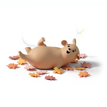 A playful wombat, with a light brown fur coat and small round ears, is rolling around in a patch of colorful autumn leaves. The leaves are vibrant shades of orange, red, and yellow scattered across the ground. The wombat has a joyful expression, with its mouth open as it frolics among the leaves. Sunlight filters through the trees above, casting soft shadows on the ground, enhancing the warm tones of the scene.